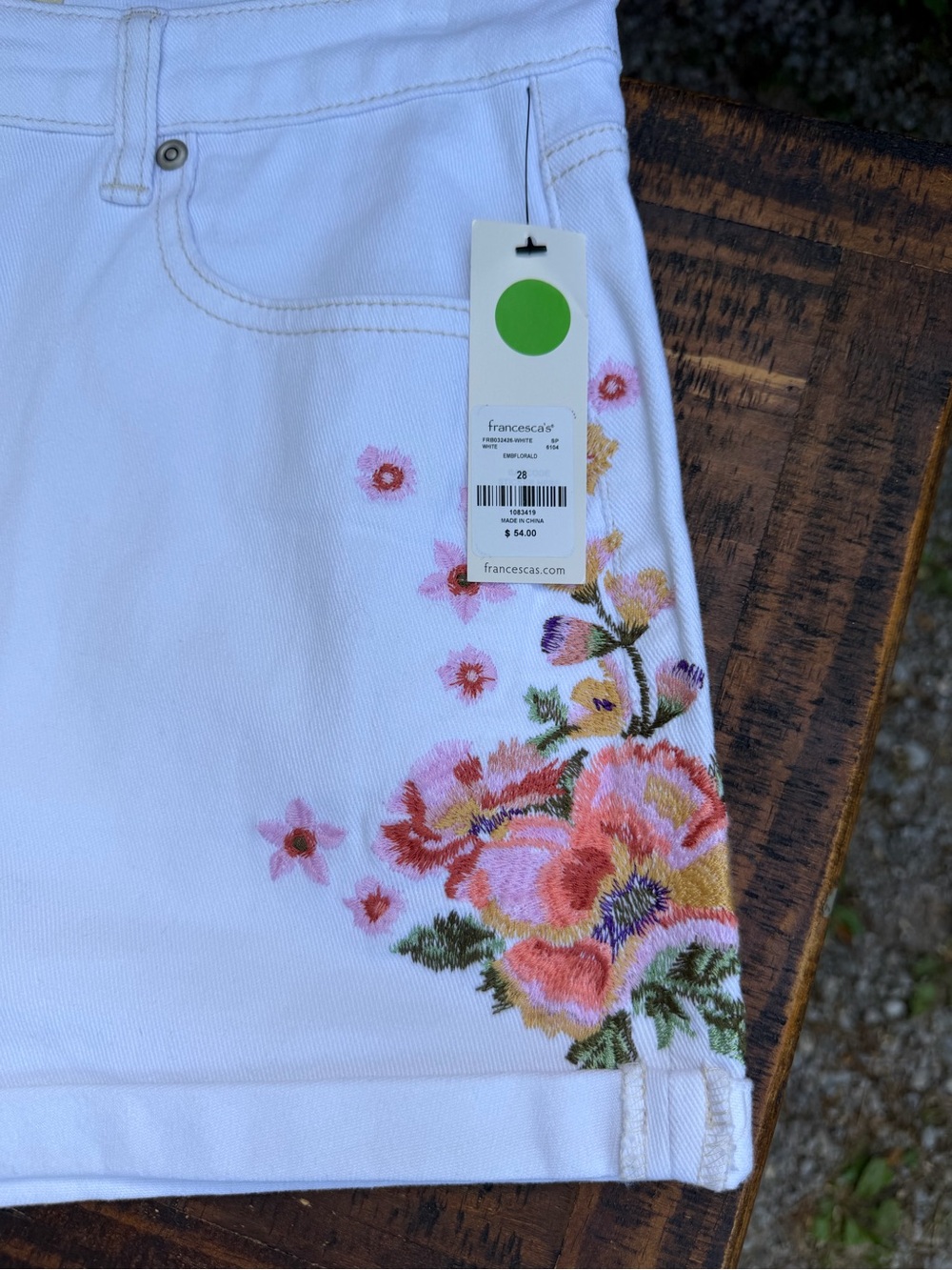 Francesca's White High-Rise Jean Shorts with Pink & Green Floral Embroidery - Picture 4 of 6